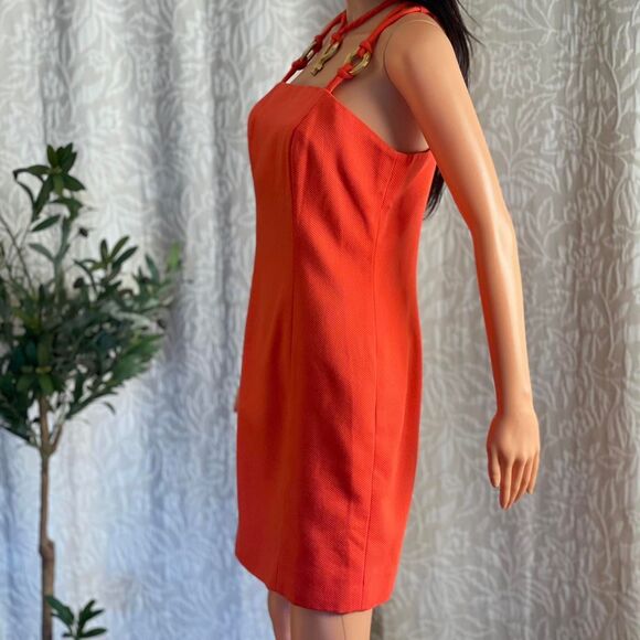 Vintage 80s Linda Segal Orange Mini Dress w/ Gold Ankh Ring Halter Straps Size 6 - Picture 6 of 8